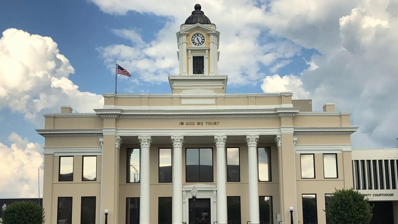 The Davie County Courthouse clock tower in downtown Mocksville, NC, the county seat, where we handle septic system repair for homes beyond the sewer lines