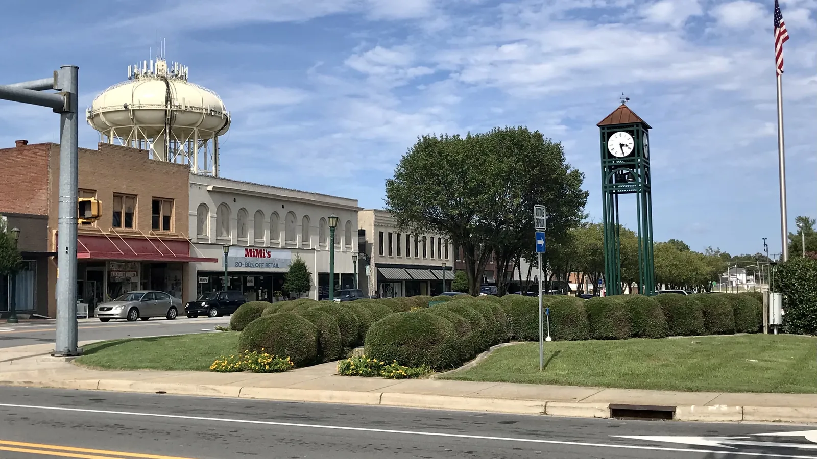 Downtown Thomasville, NC with its clock tower and water tower, where Septic Samurai handles septic system repair for homes past the city sewer